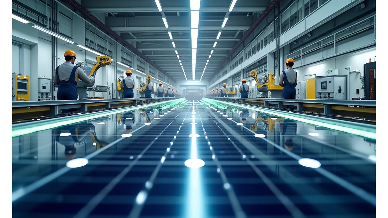 Interior view of SolsticeForge's highly automated solar panel assembly line, with robotic arms and advanced machinery.