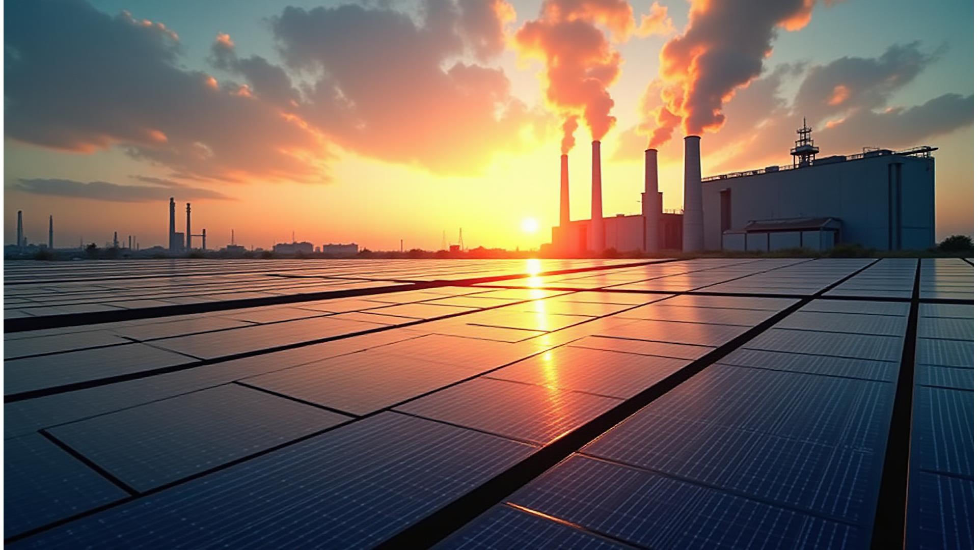 Panoramic view of SolsticeForge's state-of-the-art Los Angeles manufacturing facility at sunset, solar panels glinting and wind turbine components in foreground.
