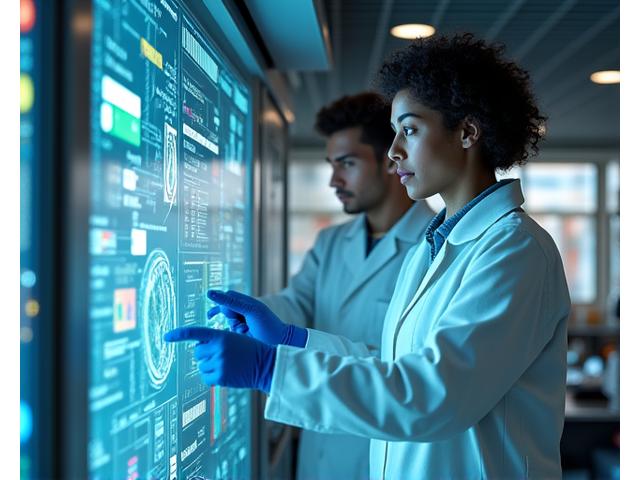 Engineers working in a modern R&D lab, analyzing data on multiple screens and inspecting advanced materials for solar cells.