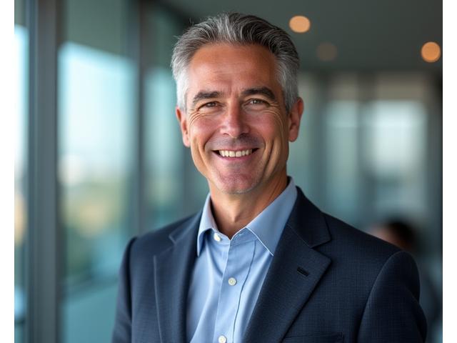 Portrait of Elias Vance, CEO of SolsticeForge, a confident leader in a modern office.