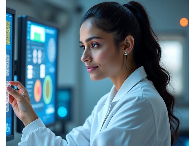 Portrait of Dr. Anya Sharma, CTO of SolsticeForge, a brilliant scientist examining solar cell schematics.