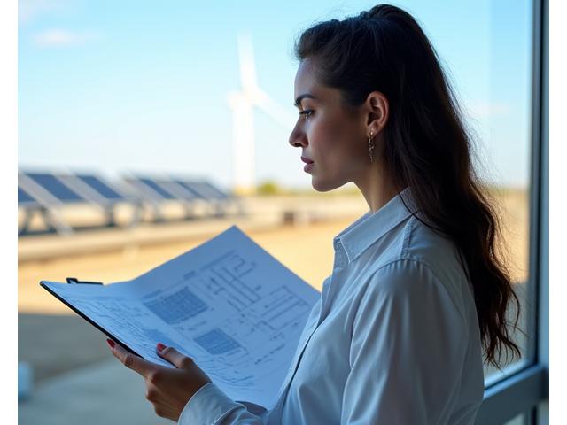 Portrait of Isabella Garcia, Lead Project Engineer at SolsticeForge, reviewing large-scale solar project blueprints.