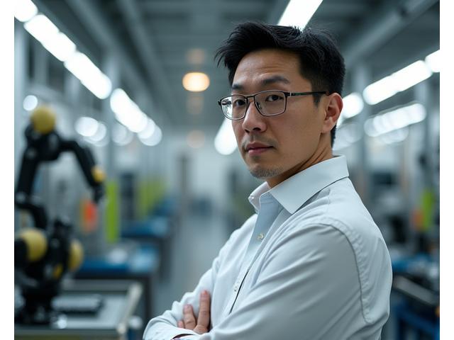 Portrait of Marcus Chen, VP of Operations at SolsticeForge, overseeing manufacturing robot on factory floor.