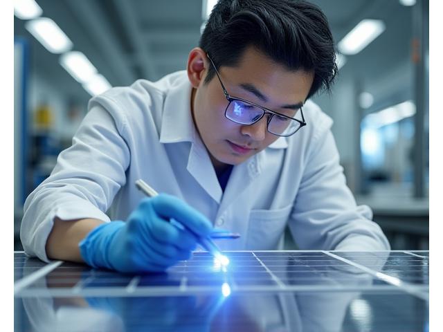 Portrait of David Kim, Director of Quality Assurance at SolsticeForge, inspecting a finished solar panel.