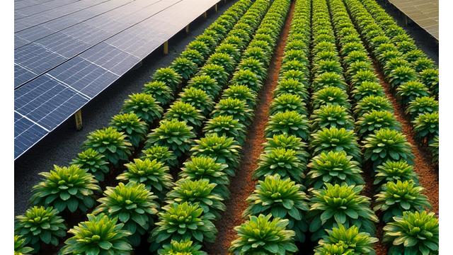 Overhead view of a vibrant berry farm with agrivoltaic panels providing optimal shading and protection to rows of fruit plants.
