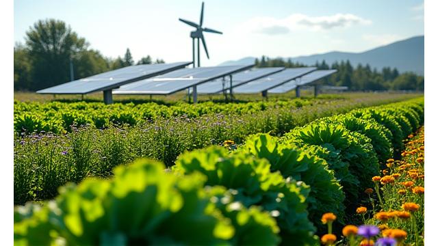 An organic vegetable farm showing a harmonious blend of elevated solar panels, a small wind turbine in the background, and vibrant pollinator-friendly wildflowers.