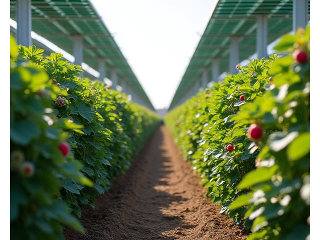 Rows of berry bushes thriving under a well-spaced agrivoltaic installation, demonstrating ample light penetration and equipment access for farming.