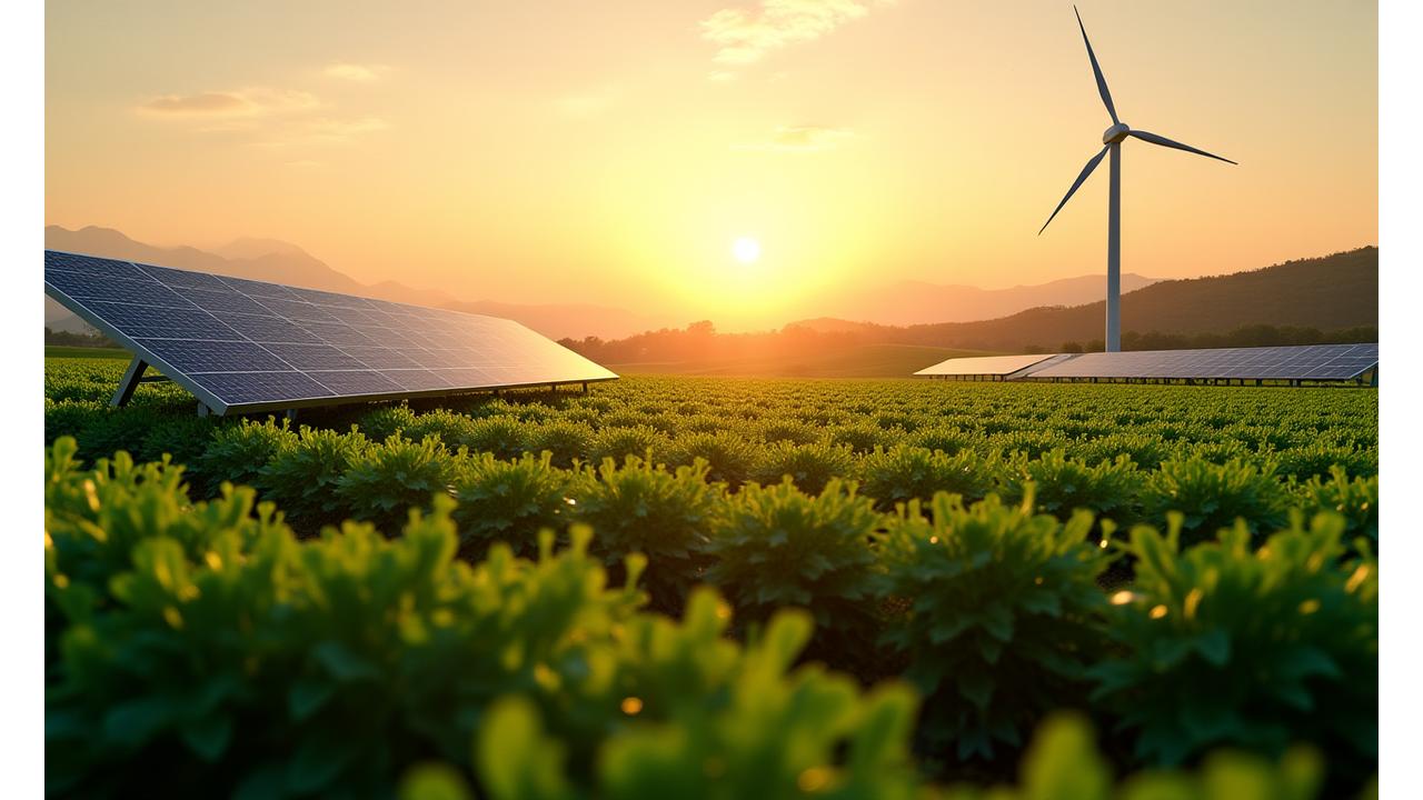 Expansive agricultural landscape showcasing elevated agrivoltaic solar panels with active crop cultivation below and a modern distributed wind turbine in the distance, illustrating dual-use land efficiency.