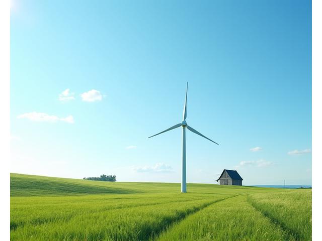 A small, modern distributed wind turbine standing gracefully in a rural field, with a farm building visible in the background, symbolizing sustainable rural power.