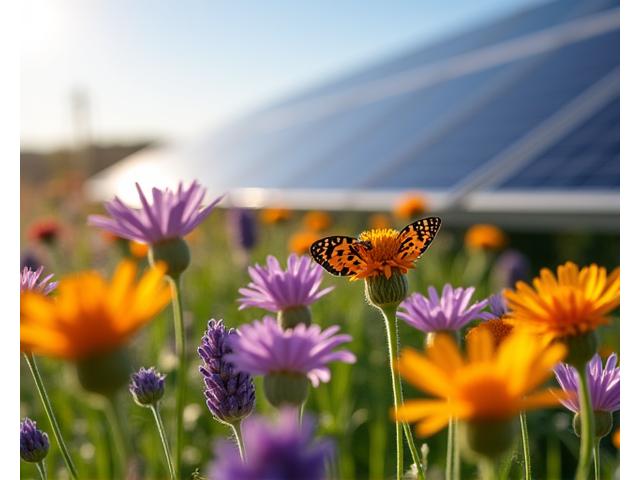 A beautiful field of native wildflowers blooming vibrantly around the base of solar panels, with bees and butterflies visible, illustrating pollinator habitat creation.