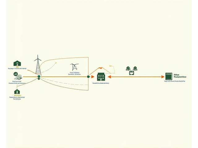 A concise infographic illustrating the seamless integration of farm-generated solar and wind power into a rural electricity grid, showing flow to homes, businesses, and storage.