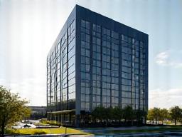 Modern multi-story office building with sleek rooftop solar panels, indicating a sustainable workspace with enhanced reliability for critical systems.