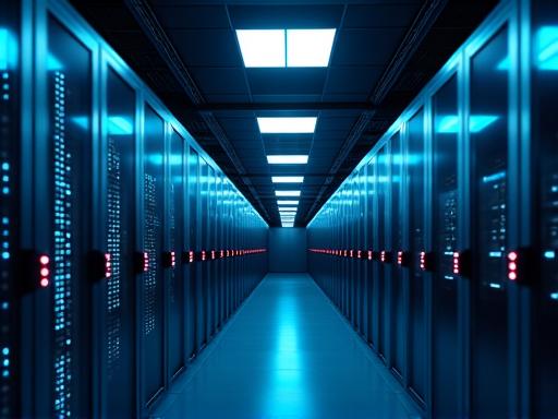 Rows of server racks glowing with soft blue light in a secure, state-of-the-art data center, with a digital overlay of an energy flow diagram indicating renewable energy.