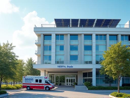 Modern hospital building with solar panels on its roof, emphasizing reliability and continuous power for critical healthcare operations, with emergency vehicle visible.