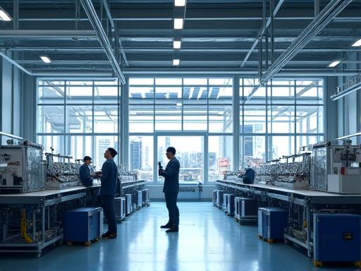 Industrial manufacturing facility with solar panels on its roof and a dynamic assembly line inside, illustrating seamless production with renewable energy.