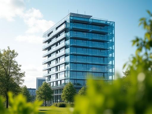 Modern glass office building with solar panels subtly integrated into its facade and rooftop, depicting a professional environment powered by sustainable energy.