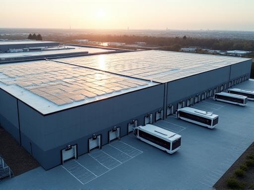 Large logistics warehouse with an extensive rooftop solar array, featuring electric delivery vans at charging stations near loading docks, representing clean energy and EV integration.