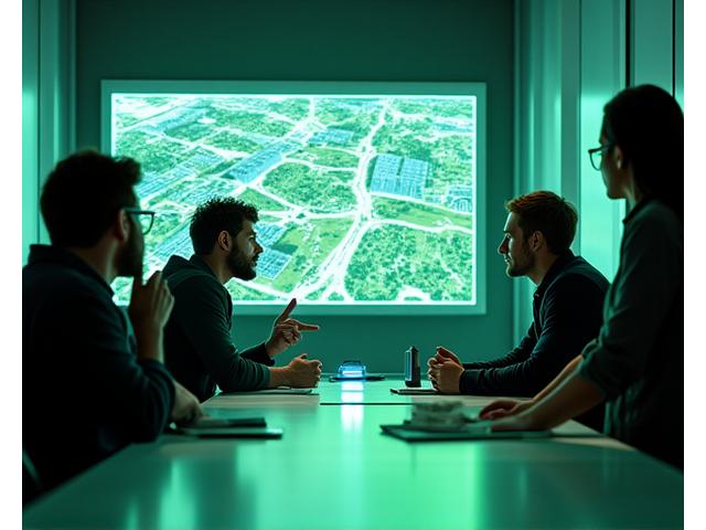 Team of SolsticeForge engineers discussing blueprints for a large-scale solar farm, surrounded by technical drawings and a vibrant green energy glow.