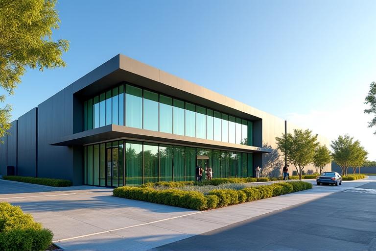 Exterior view of the SolsticeForge Los Angeles headquarters, a modern industrial building with prominent solar panels on the roof and a well-maintained landscape showing sustainable design.