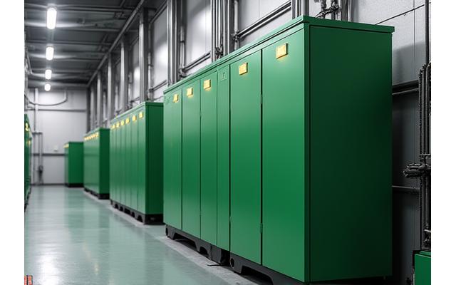 Modular battery energy storage system (BESS) units in an industrial setting, connected to a smart grid and solar array