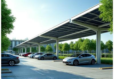 Modern corporate campus with integrated solar carports and charging stations, featuring a mix of employee and company electric vehicles, conveying a sustainable business environment