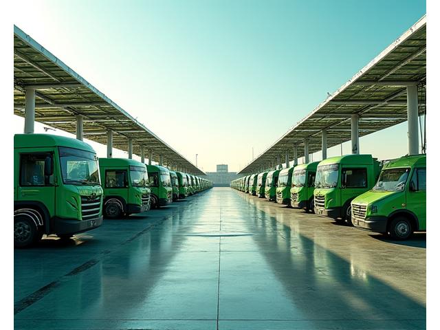 Modern EV fleet charging depot with solar canopies, electric buses, and cars parked neatly, showing integrated energy storage units