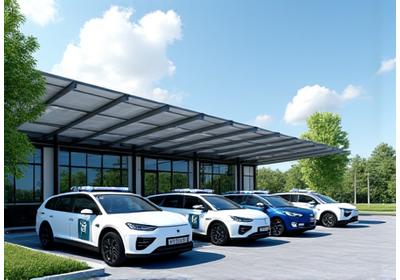 Government municipal building with a fleet of electric utility vehicles parked and charging under a newly installed solar array, demonstrating public sector adoption