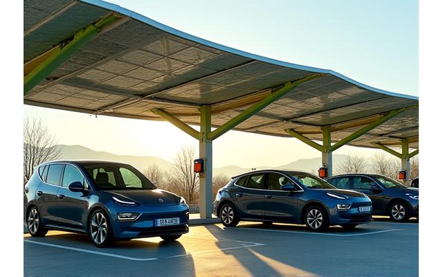 Sleek solar canopy covering electric vehicle charging stations with various EV models charging beneath, depicting integrated infrastructure