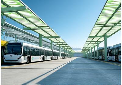 Modern electric city bus parked at a solar-canopied charging station in a large depot, demonstrating a transit authority's successful electrification