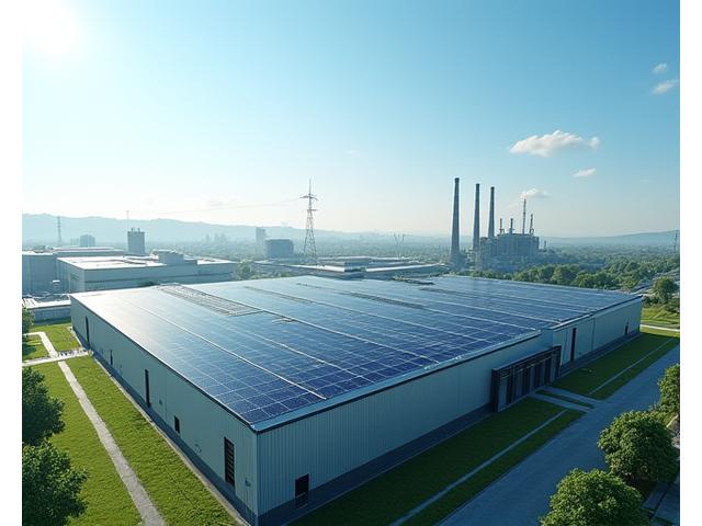 Large manufacturing facility with a rooftop covered in solar panels, demonstrating sustainable operations.