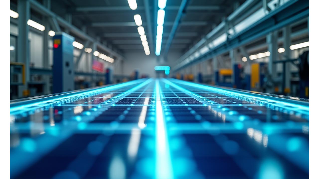 U.S. manufacturing facility producing solar panels under bright lighting, showcasing advanced robotics and meticulous clean energy production.