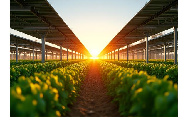 Farmland with solar panels elevated to allow crops to grow beneath, showing a harmonious blend of agriculture and solar energy.