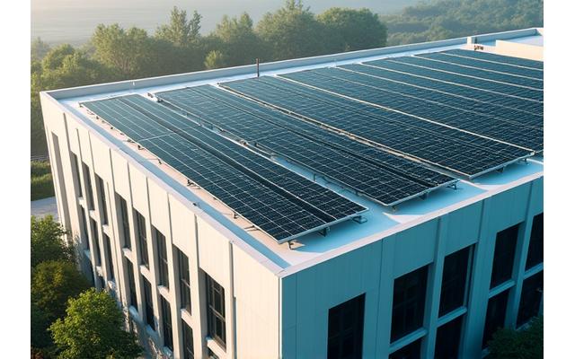 Commercial building rooftop with an extensive solar panel array and visible battery storage units.