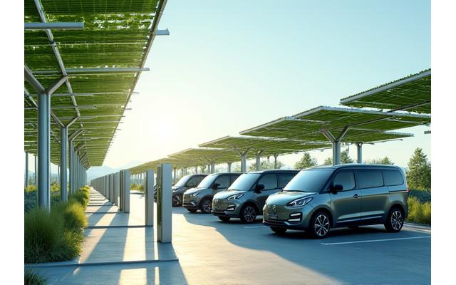 Fleet of electric delivery vans charging under solar canopies with integrated battery storage units nearby.