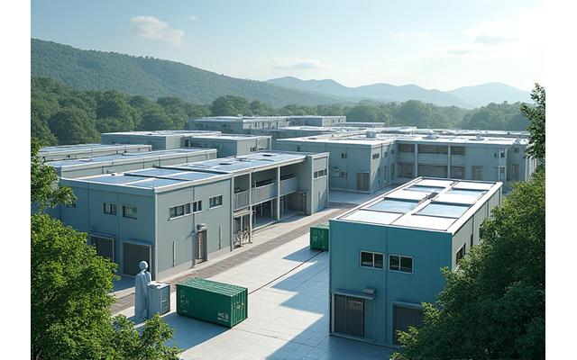 A secure hospital complex with an active microgrid, showing solar carports, a visible battery storage container, and power lines.