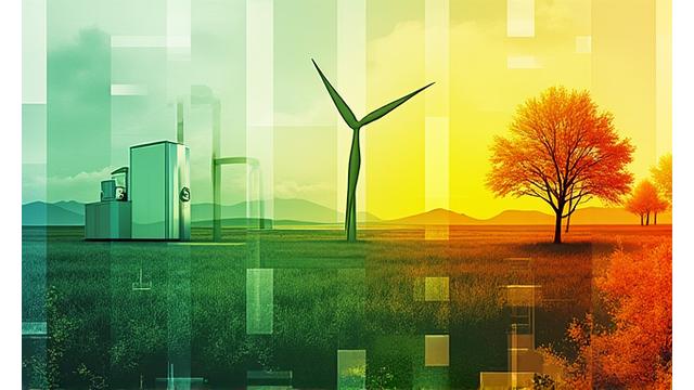 A collage of diverse renewable energy projects, like a solar farm and wind turbines, suggesting a case study library.