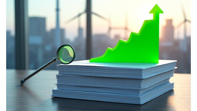 Graphs and charts on a screen with a stylized factory skyline, representing an industry report on U.S. renewable manufacturing.