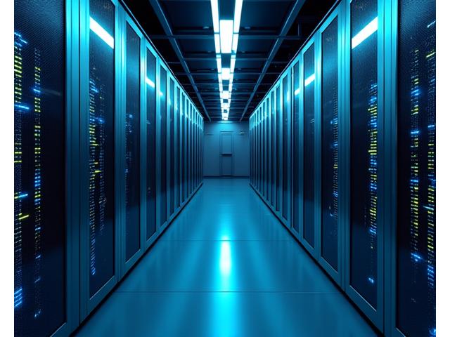 Interior of a modern data center with rows of 서버 racks, glowing blue lights, and an overlay of real-time energy monitoring data.