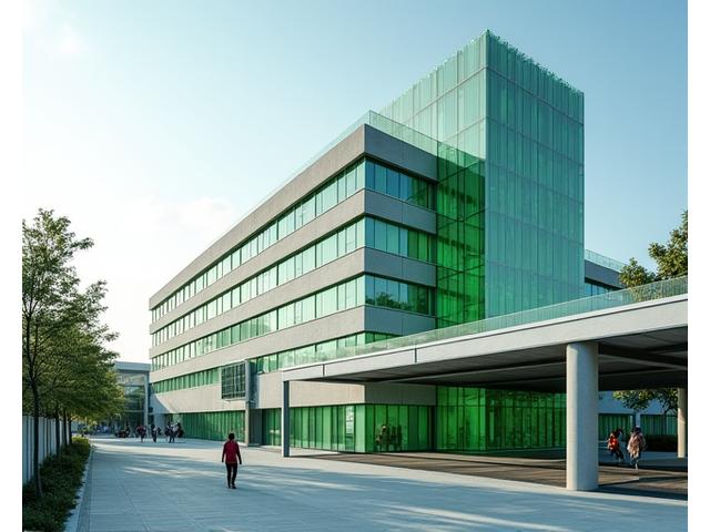 Modern hospital building with a visible solar panel array on the roof and a green data overlay indicating energy flow.