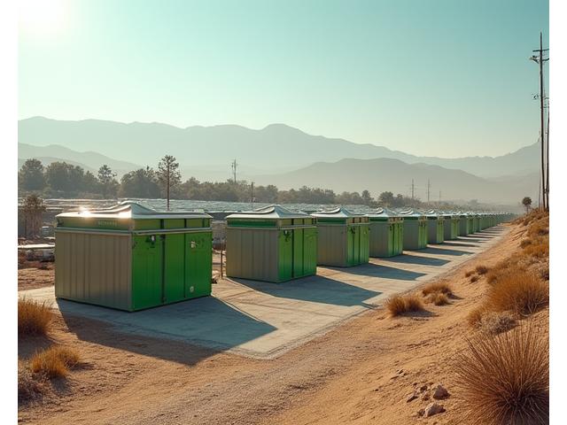 Secure perimeters of a military base with a focus on a solar array and specialized energy storage containers, under a clear sky.