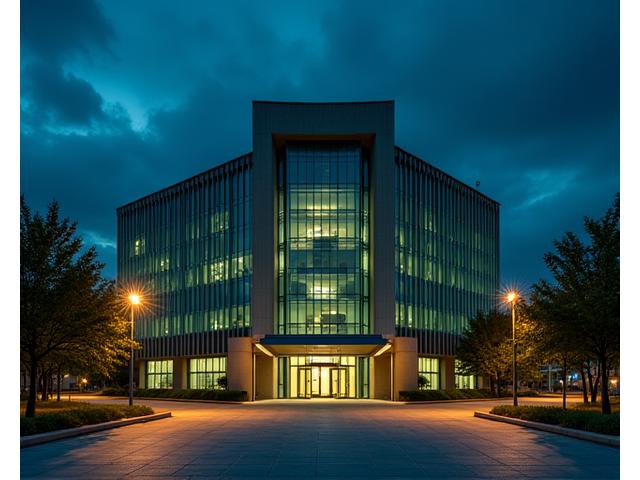 Modern civic building illuminated at night, with a subtle glow from within and surrounding solar streetlights, conveying security and community support.