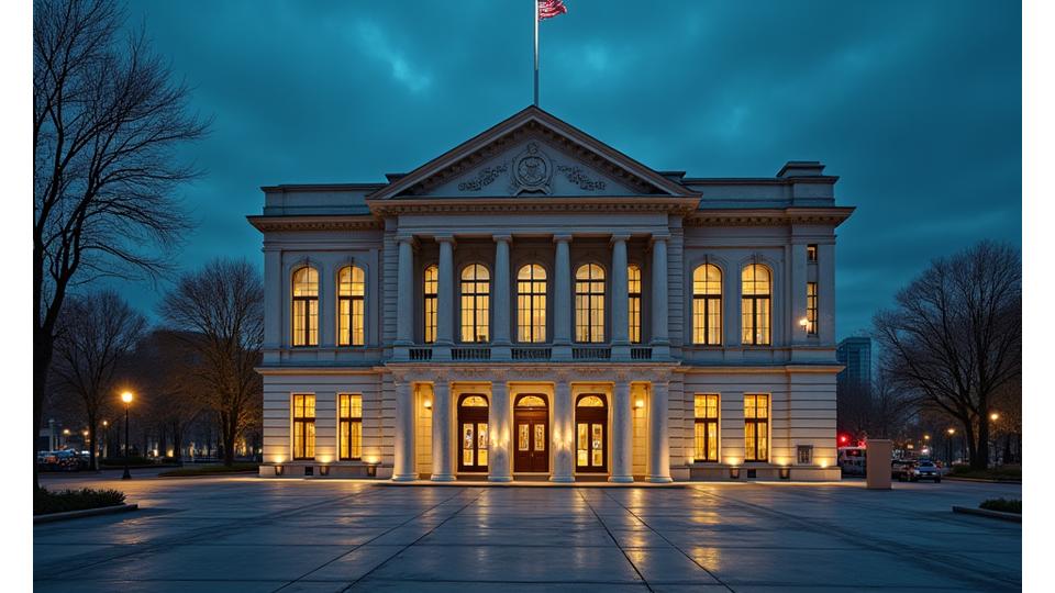 Classic city hall building featuring a newly installed solar canopy over its parking area and a subtle energy storage unit. The building is illuminated as a beacon of stability, implying it serves as a resilience hub during a widespread emergency.