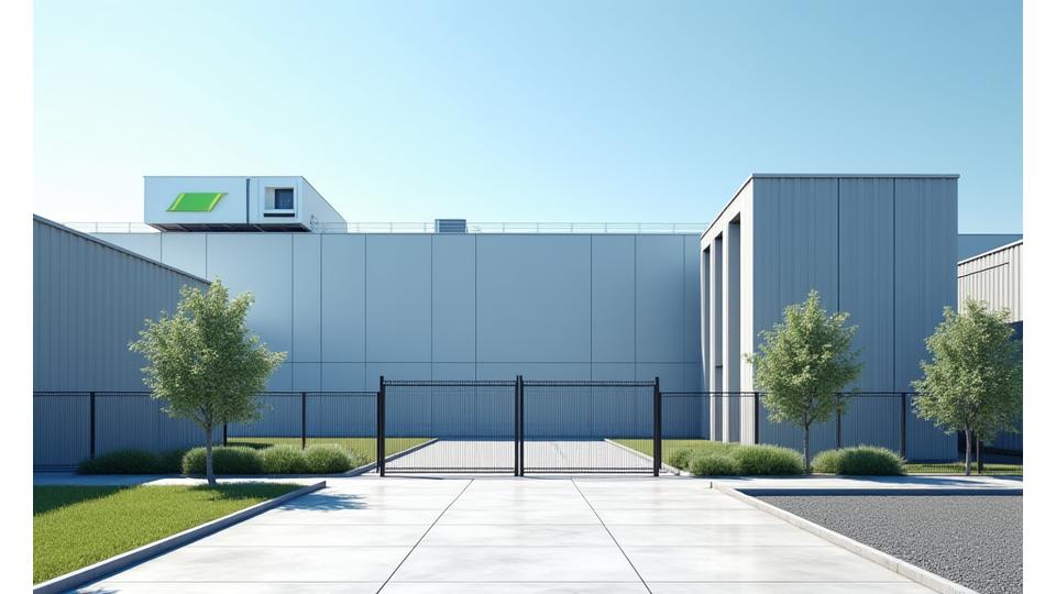 Exterior view of a secure, modern data center entrance with heavy-duty fencing, a subtle solar array on the roof, and powerful cooling units. The scene is clean and industrial, underscoring high security and reliability.