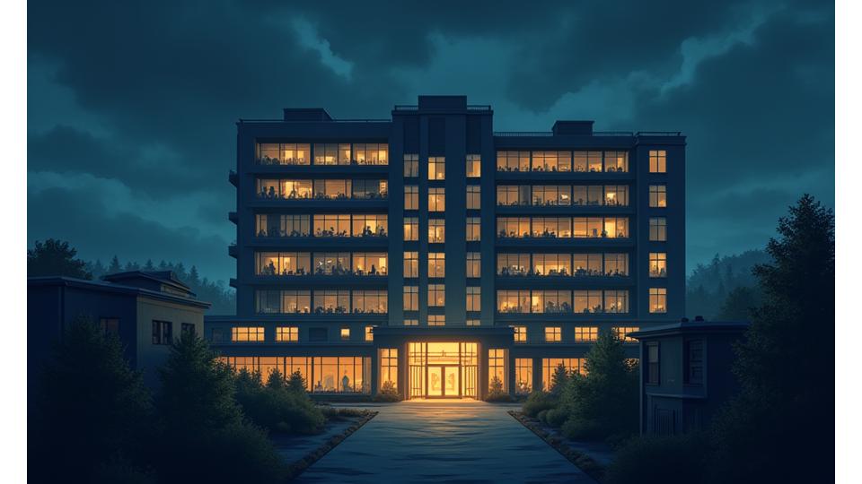 Modern hospital building standing steadfast during a simulated power outage scenario, with lights on inside and a clean, serene exterior, while surrounding neighborhood lights are off.