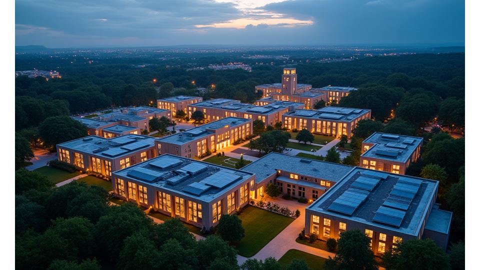 Aerial view of a large university campus with its central library and science buildings brightly lit at dusk, solar arrays visible on rooftops and parking structures, suggesting self-sufficiency.