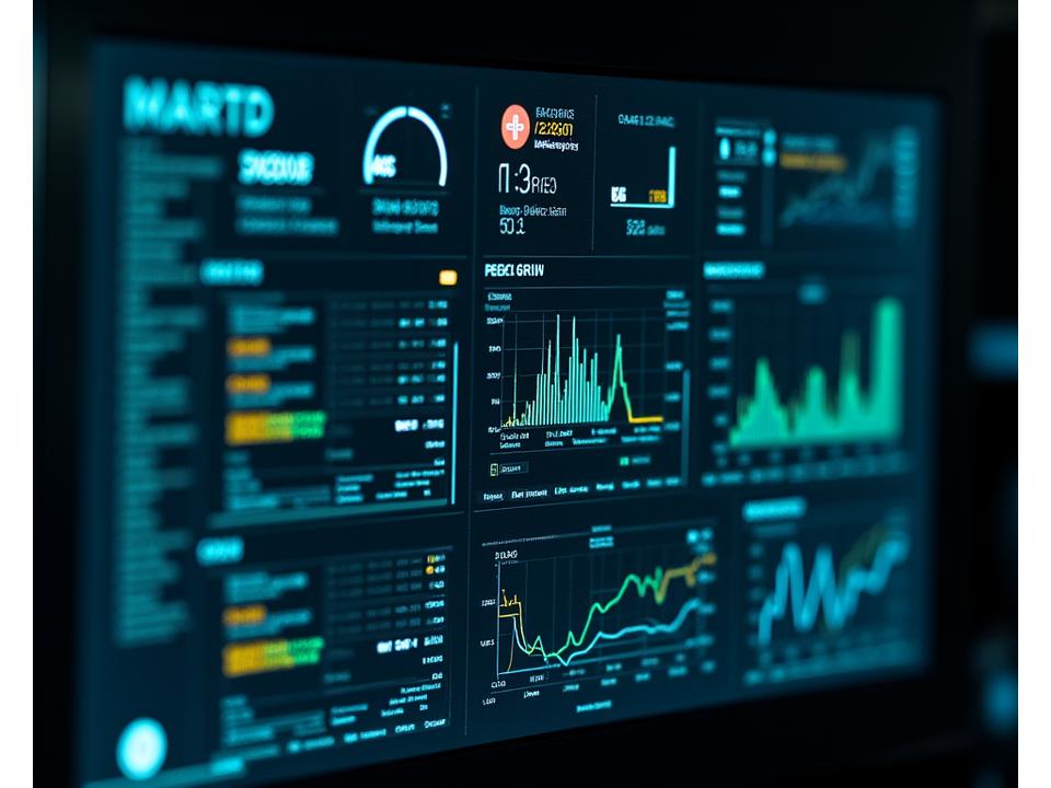 Sleek, futuristic digital dashboard displaying real-time energy flow, battery levels, solar production, and grid status for a microgrid. Various graphs and key performance indicators are visible against a dark, technical background.