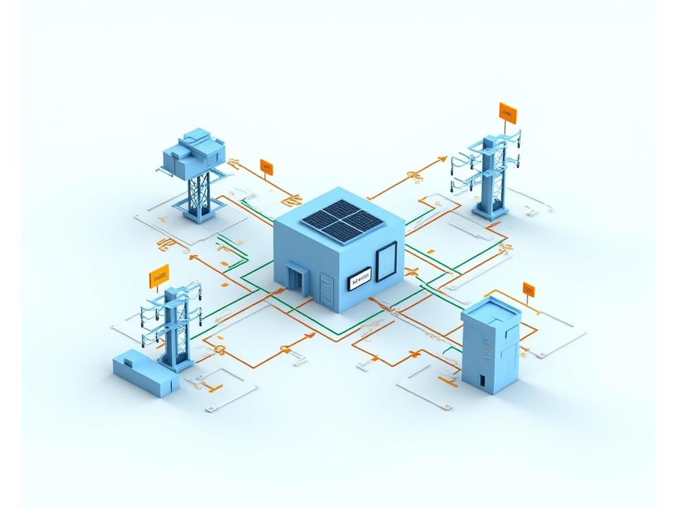 Diagram illustrating microgrid islanding: a central controller manages solar panels, battery storage, and generators. Arrows show power flowing seamlessly to connected buildings while the external grid is depicted as disconnected and then reconnecting.