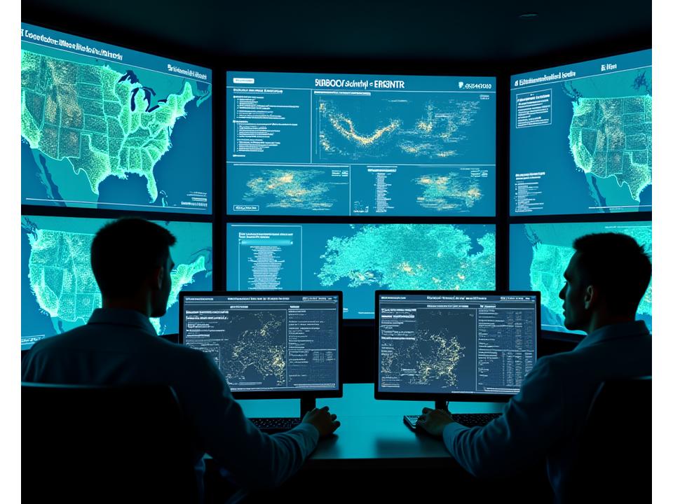 A modern command center with multiple screens displaying complex energy data, maps, and system alerts. Two technicians are actively monitoring the displays, focused and professional.