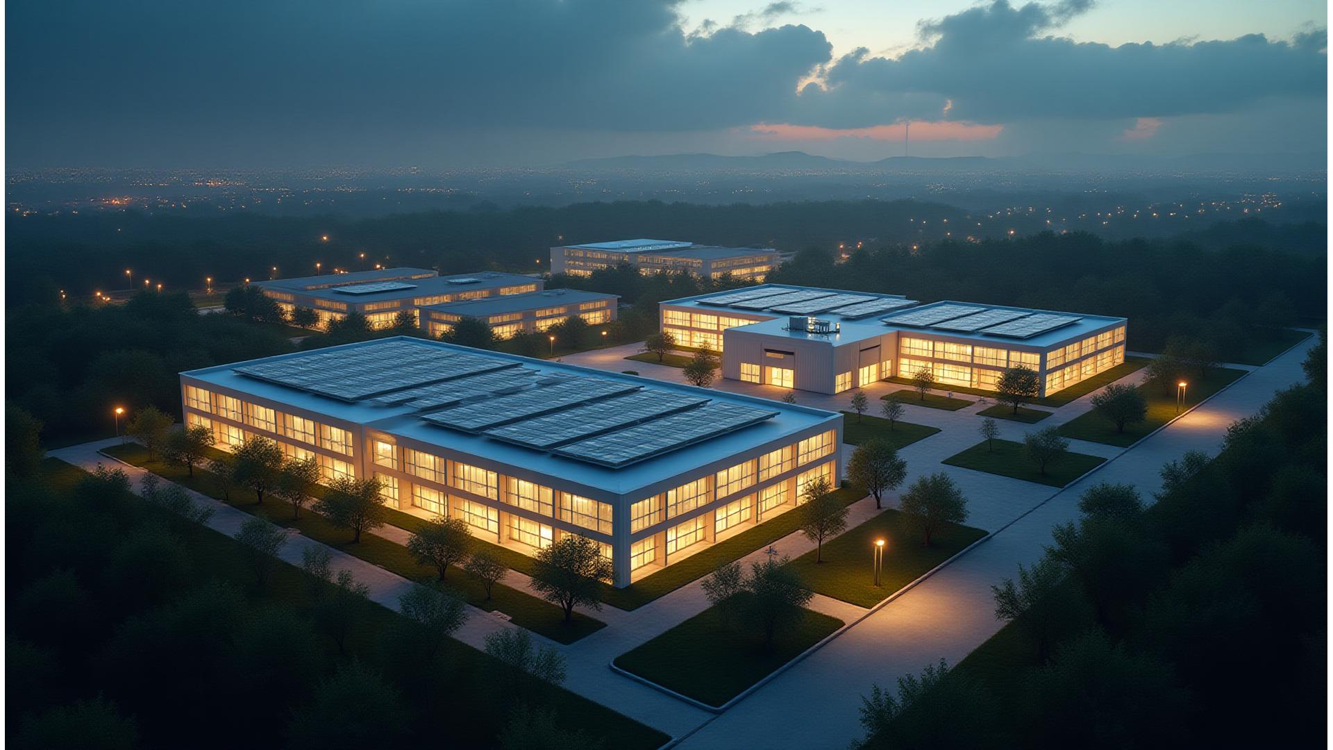 Panoramic view of a modern microgrid installation powering a university campus and an adjacent hospital, with solar panels, battery storage containers, and a small wind turbine visible. The sky is partially stormy, but the facilities are brightly lit, signifying uninterrupted power.