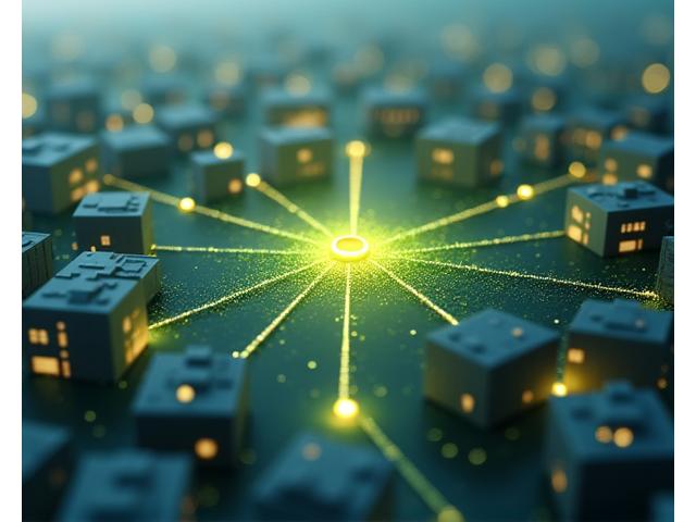 Digital representation of a connected community, with lines extending from a central glowing hub representing resilience and support to surrounding buildings.